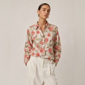 JOIE - 100% Linen Floral Button-Up Shirt Large | Romantic Botanical Print Blouse